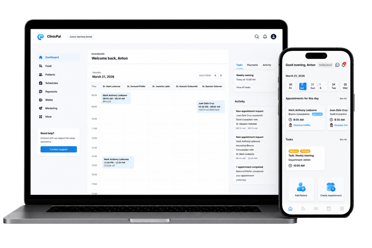 ClinicPal healthcare platform interface displayed on laptop and mobile device