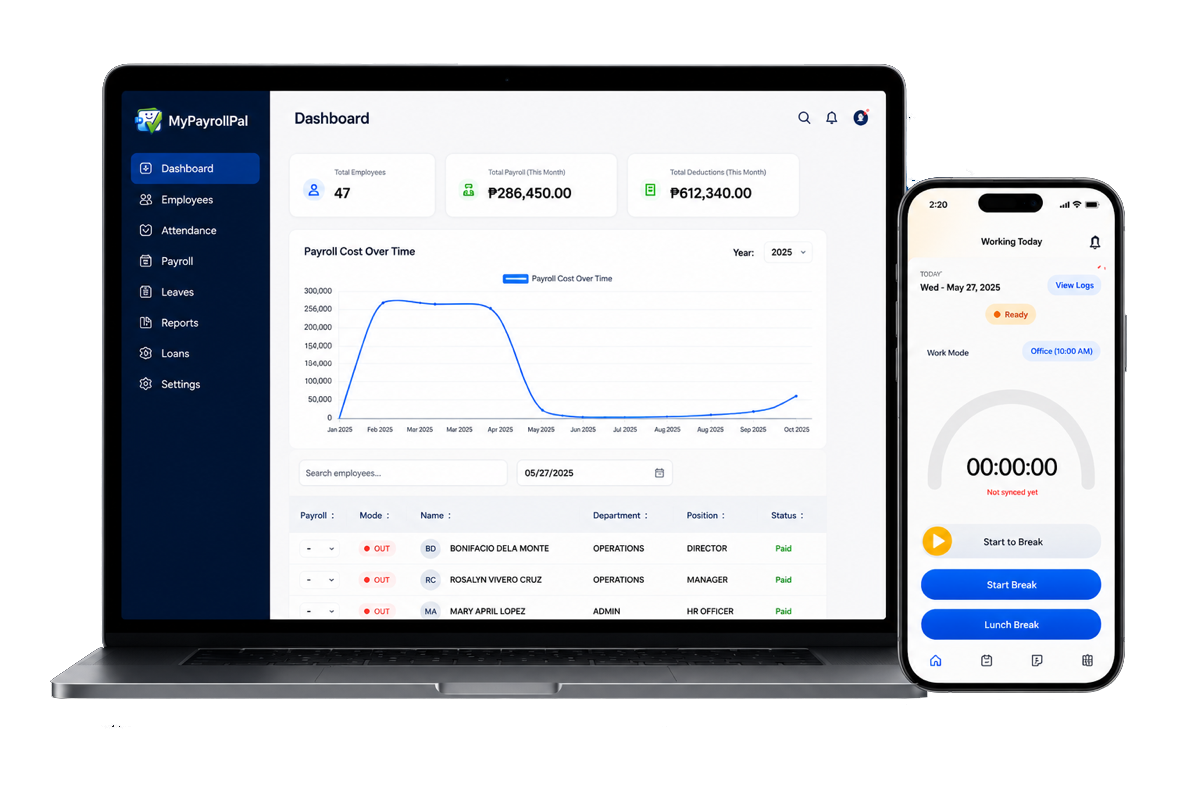 MyPayrollPal payroll management dashboard displayed on laptop and mobile device