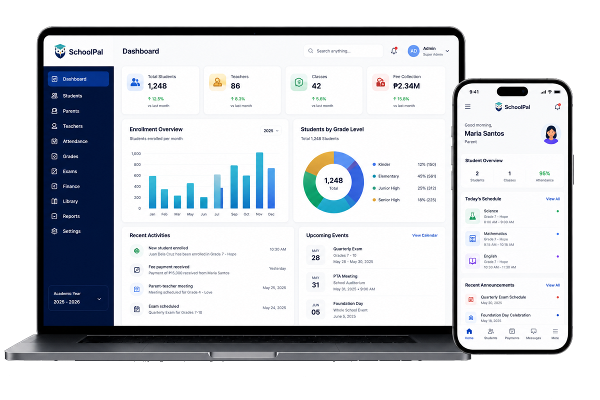 SchoolPal education management platform displayed on laptop and mobile device